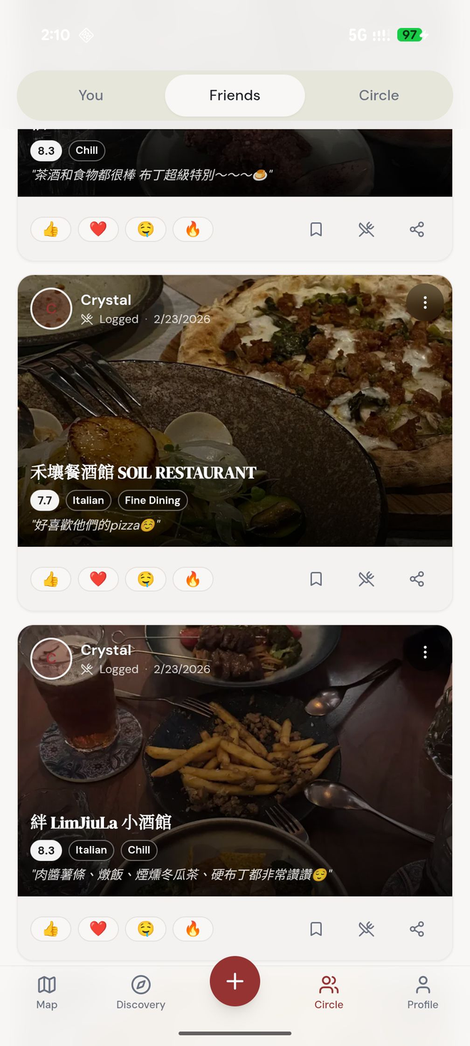 Your circle's recent food moments, with reactions