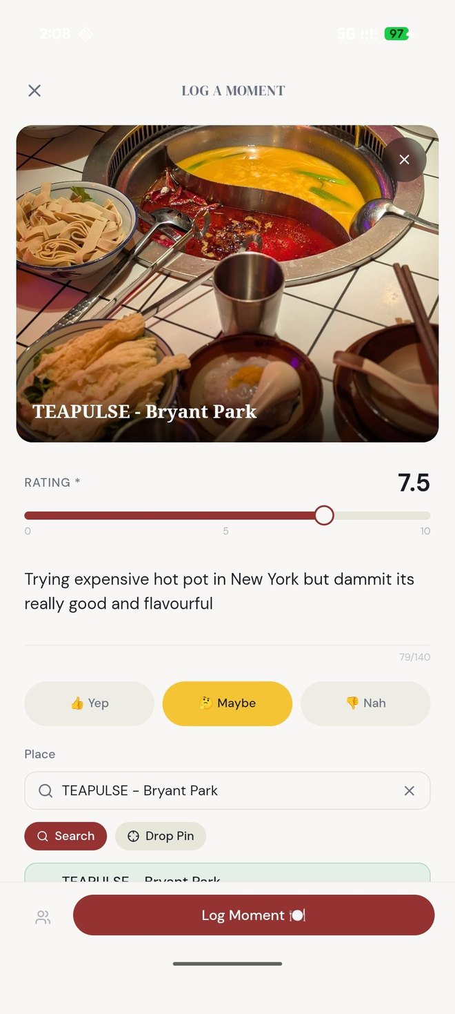 Logging a meal — rating, tags, and a photo